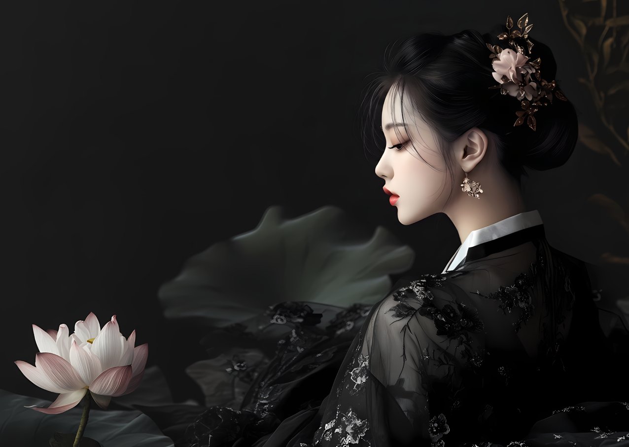 검은 한복의 여인과 흰 연꽃 — 어둠 속의 고요