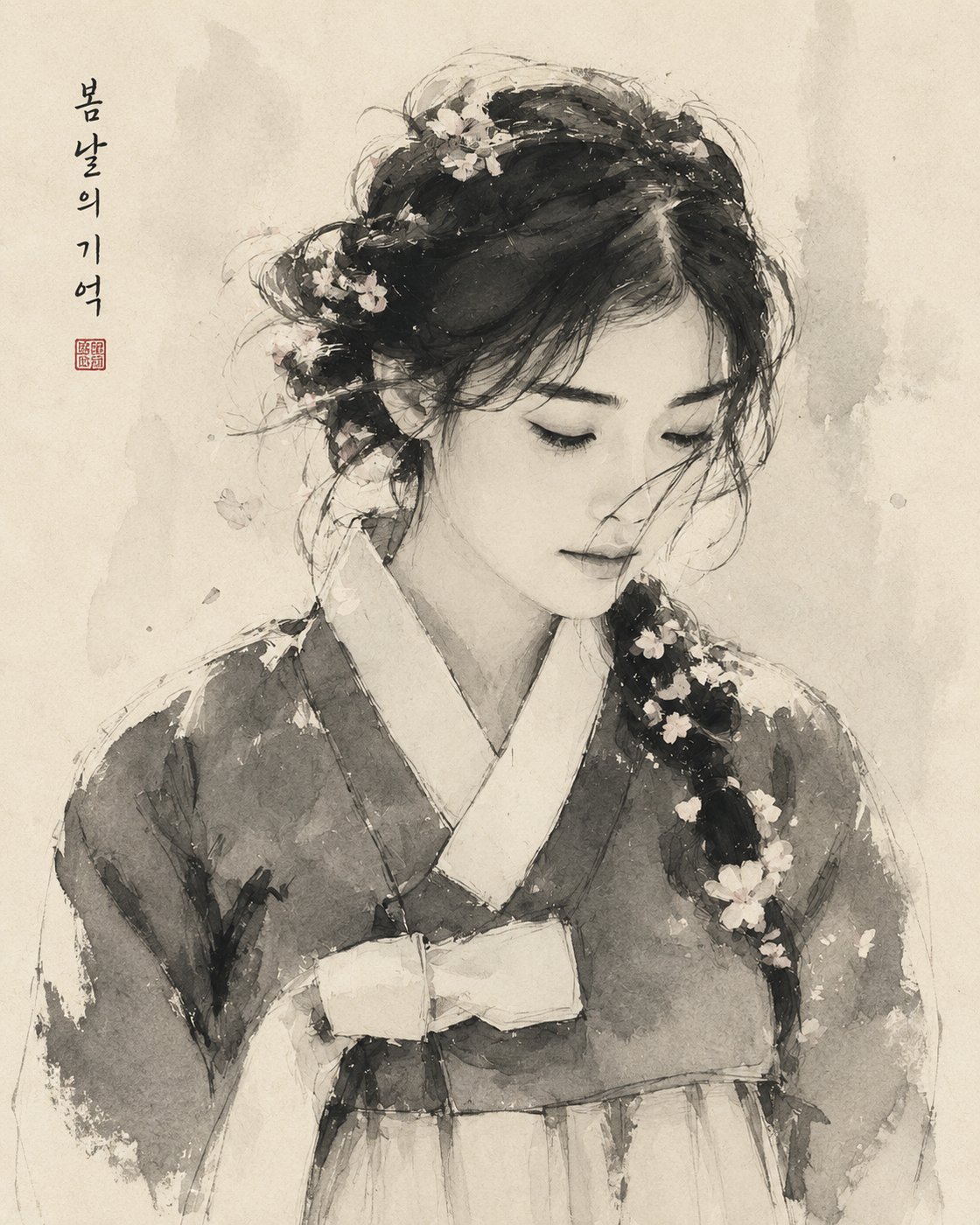 수묵담채로 그린 한복 소녀, 봄날의 기억
