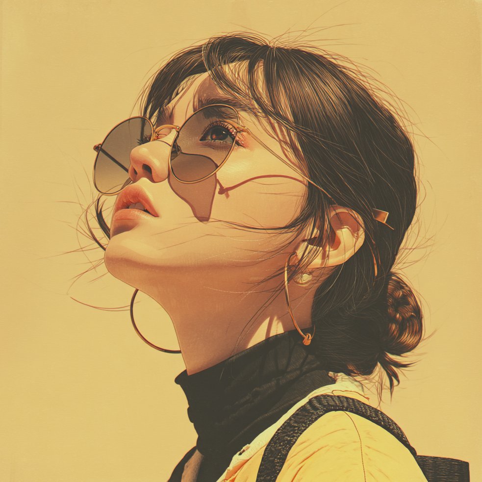 머스터드빛 배경, 선글라스를 쓰고 하늘을 올려다보는 소녀